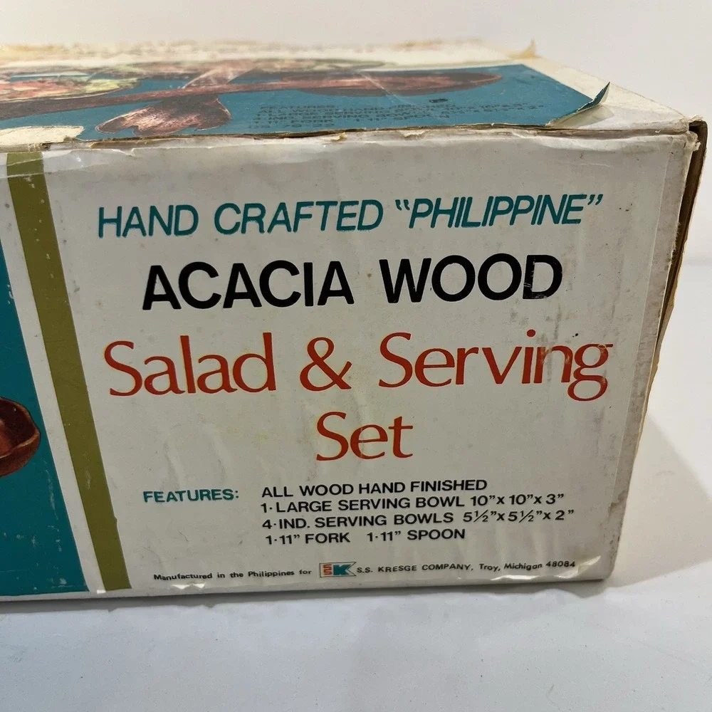 Vtg 7 Pc Acacia Wood Bowl Phillipines Set 1 Salad Bowl 4 Bowls 2 Utensils‎ Box